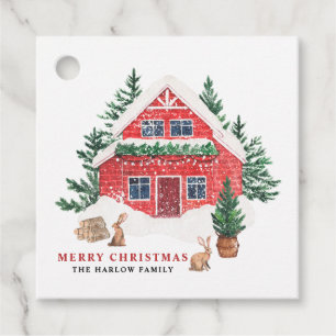 Etiquetas Para Lembrancinhas Watercolor Snowy Red Cottage Feliz Natal