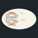 Etiquetas para presentes da Elegante Holly Christm<br><div class="desc">Oval Gift Tag To and From Stickers Holiday Christmas para presentes — estilo vintage elegante Carimbo de Natal para cartões de saudação e convites de festas sazonais. Linda poinsettia vermelha, design de coroa oca sobre fundo de pergaminho branco de creme de marfim e tipografia decorativa com estilo retro-letterpress preto. Adicione...</div>