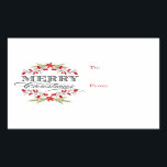 Etiquetas para presentes da Elegante Holly Christm<br><div class="desc">Oval Gift Tag To and From Stickers Holiday Christmas para presentes — estilo vintage elegante Carimbo de Natal para cartões de saudação e convites de festas sazonais. Linda poinsettia vermelha, design holly wreath sobre fundo branco de neve e tipografia decorativa com estilo letterpress preto. Adicione seu nome de família ou...</div>