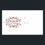 Etiquetas para presentes da Elegante Holly Christm<br><div class="desc">Oval Gift Tag To and From Stickers Holiday Christmas para presentes — estilo vintage elegante Carimbo de Natal para cartões de saudação e convites de festas sazonais. Linda poinsettia vermelha, design holly wreath sobre fundo branco de neve e tipografia decorativa com estilo letterpress preto. Adicione seu nome de família ou...</div>