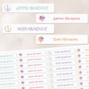 Etiquetas Paz e Flores Boho Hippie Nome Impermeável