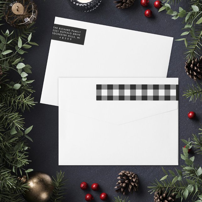 Etiquetas Plaid de Natal Família Preto Branco Búfalo (Criador carregado)