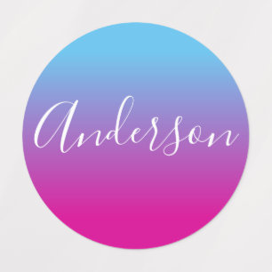Etiquetas Seu nome Script Branco sobre Gradiente Azul/Rosa