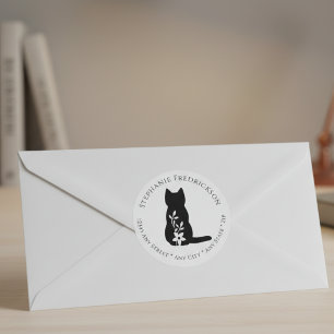 Etiquetas Silhueta de Gato Preto Floral Botânico Minimalista
