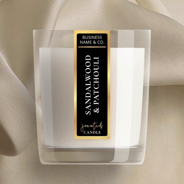 Etiquetas Vela Simples de Prova de Tampa Preta e Dourada Ele (Elegant black and gold border vertical candle jar labels that are sure to impress)