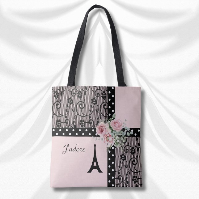 Eu adoro a bolsa tote Pink and Black Paris Chic (J'adore Pink and Black Paris Chic Tote Bag)