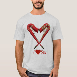 Eu amo a camisa do saxofone T, vermelha na cinza