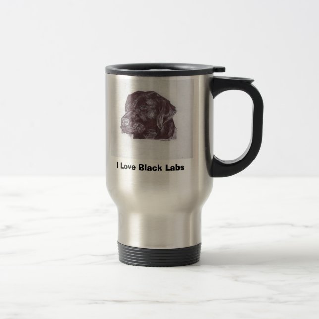 Eu amo a caneca de viagem preta dos laboratórios (Direita)