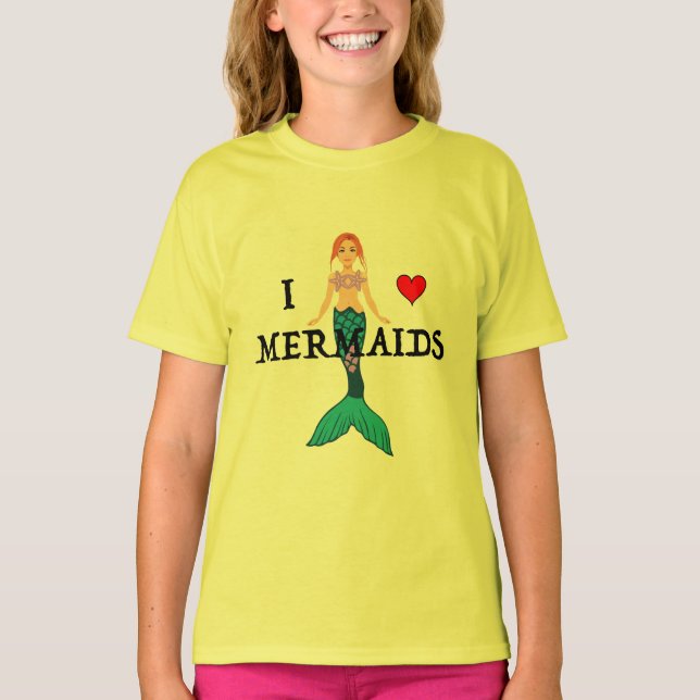 Eu Amo Design de Sereias - Camisa Básica De Menina (Frente)