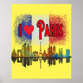 Eu Amo Paris Skyline French Flag Wall Art Poster