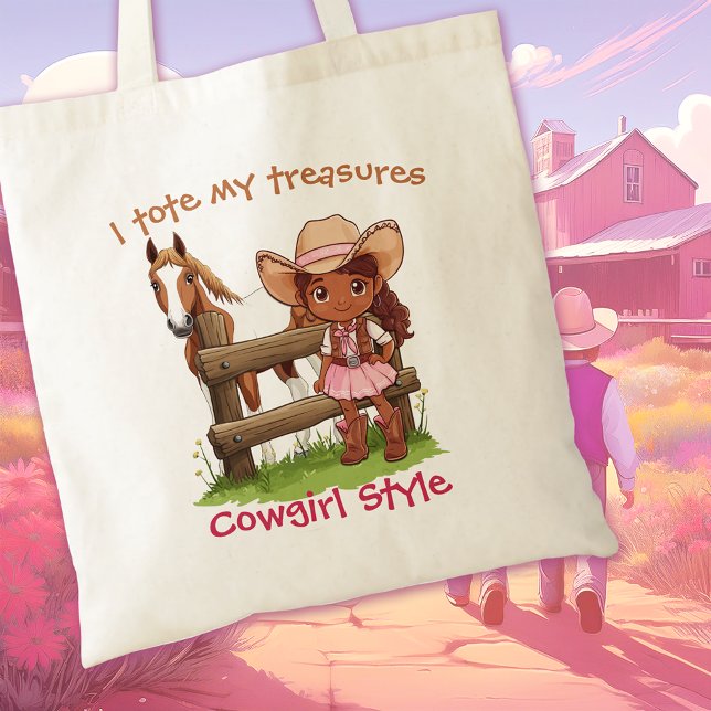 Eu Bolsa Meu Tesouros Estilo De Garota-Vaca Bonita (This adorable tote bag, "I Tote My Treasures Cowgirl Style Cute," is perfect for any little girl.)