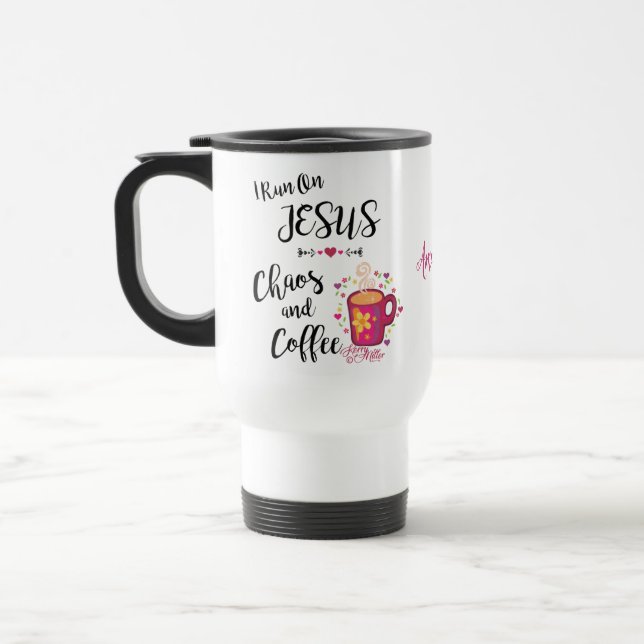 Eu corro em Jesus, caos e Caneca de viagem de café (Esquerda)