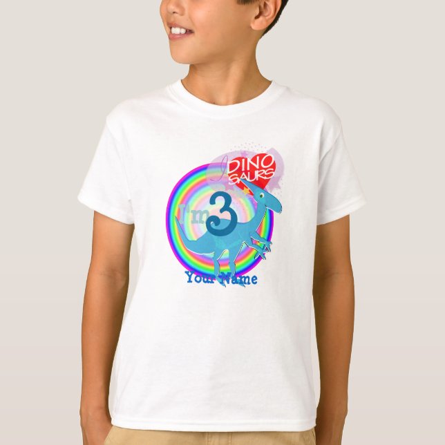 Eu sou 3 - t-shirt azul do nome do dinossauro do (Frente)