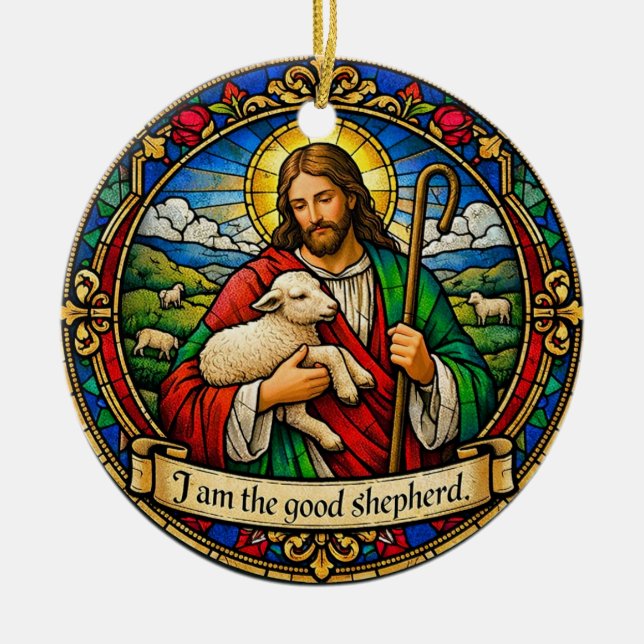 Eu Sou o Bom Pastor Ornamento Redondo de Cerâmica (Frente)