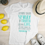 Eu sou o jeito da camiseta em cores pastéis<br><div class="desc">A camiseta cristã com o verso bíblico de João 14:6 Jesus lhe disse, "Eu sou o caminho, a verdade, e a vida. Ninguém pode vir ao Pai exceto por mim". Os versos estão em cores pastéis azuis e em caligrafia mista e tipografia minimalista. Esta moda, design de fé moderna é...</div>