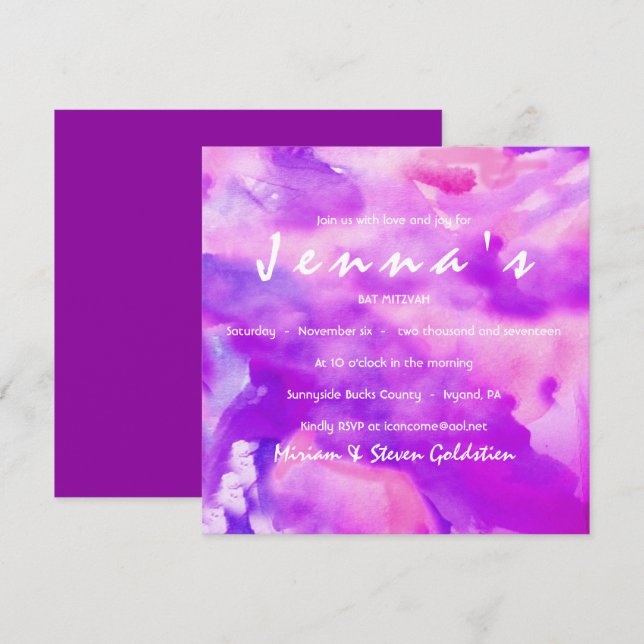 Eu sou VIOLET WATERCOLOR Bat Mitzvah Convite (Frente/Verso)