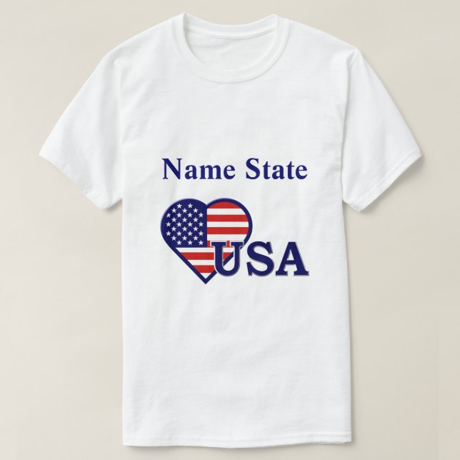 EUA Heart Flag Mens Name State T-shirt (Frente do Design)