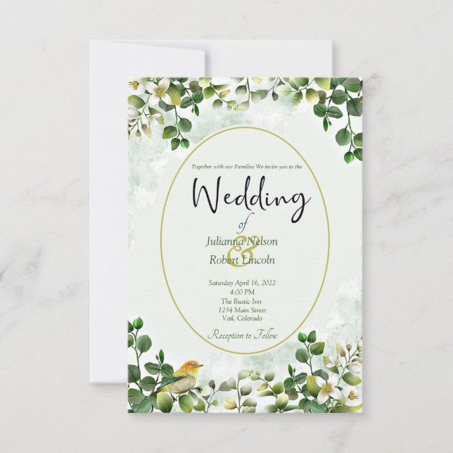 Eucalipto Elegante em convite de casamento verde e (Frente)