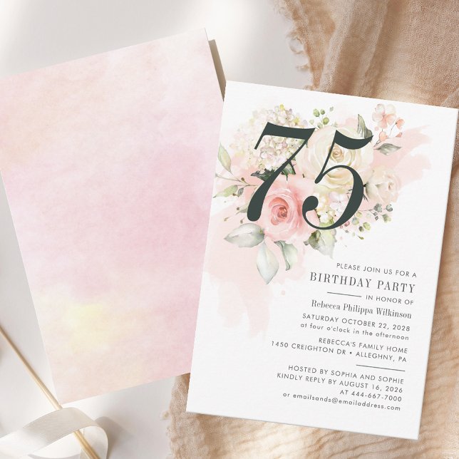 Eucalipto Foliage Floral, cor-de-rosa, 75.a Festa  (Elegant 75th Birthday Party Pink Rose Floral Invitation)