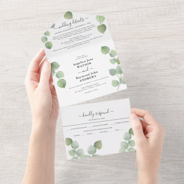 Eucalipto Verde e Dourado Casamento Clássico (Aba destacável)