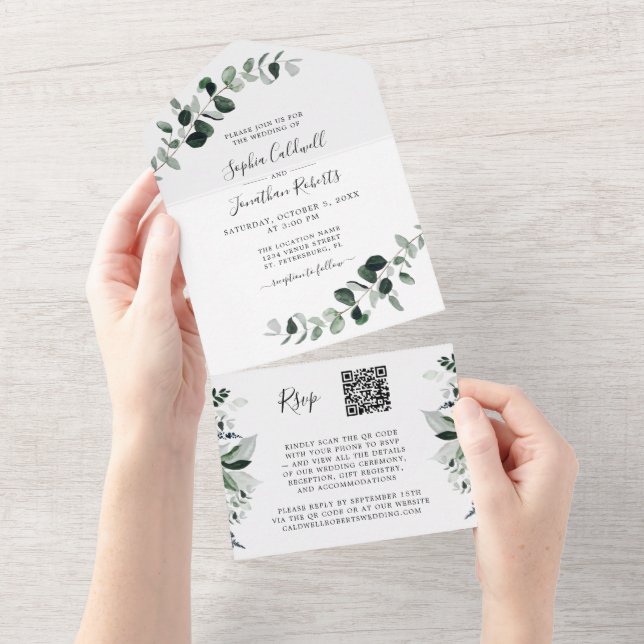 Eucalipto Verde QR Code RSVP Casamento Branco (Aba destacável)