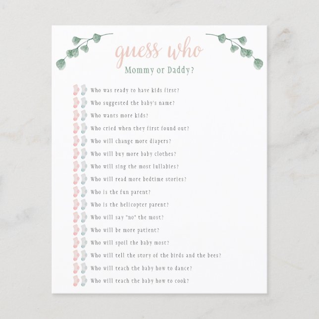 Eucalyptus adivinha quem Chá de fraldas jogo (Frente)