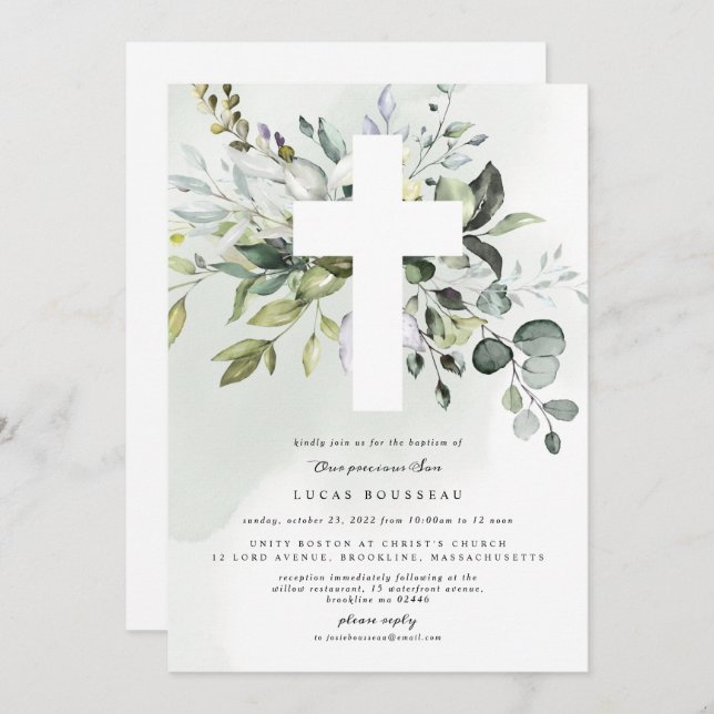 Eucalyptus Baptism Christening Convite (Frente/Verso)