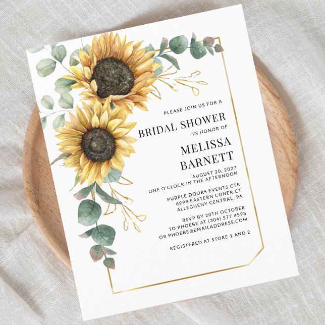 Eucalyptus Chá de panela de girassol (Sunflower Eucalyptus Script Full Name Bridal Shower Invitation)
