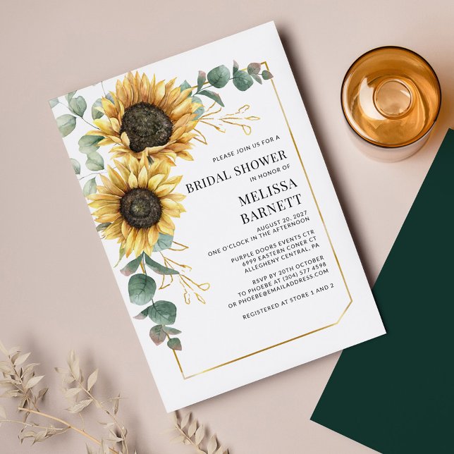 Eucalyptus Chá de panela de girassol (Bloom Sunflower Greenery Geometric Bridal Shower Invitation )