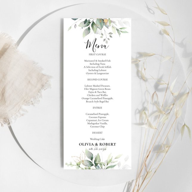 Eucalyptus Dourado Floral Greenery Menu Casamento (Criador carregado)