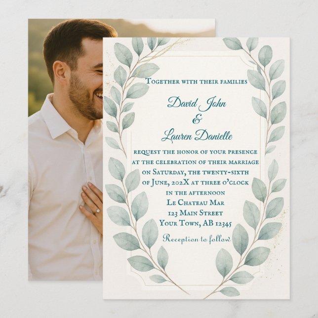 Eucalyptus Embrace Foto Convite Para Casamento (Frente/Verso)