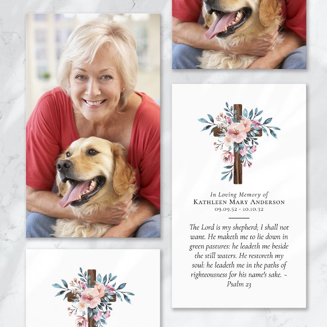 Eucalyptus Floral Cross Photo Memorial Prayer Card (Criador carregado)