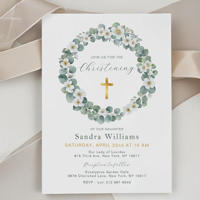 Eucalyptus Floral Wreath Christening Convite (Eucalyptus Floral Wreath Baptism Invite)