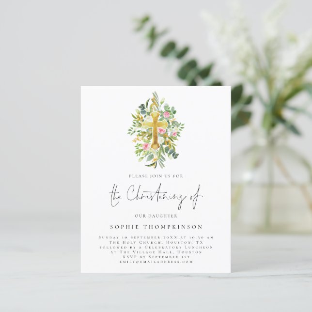 Eucalyptus Florals Cross Christening Convite (Em pé/Frente)
