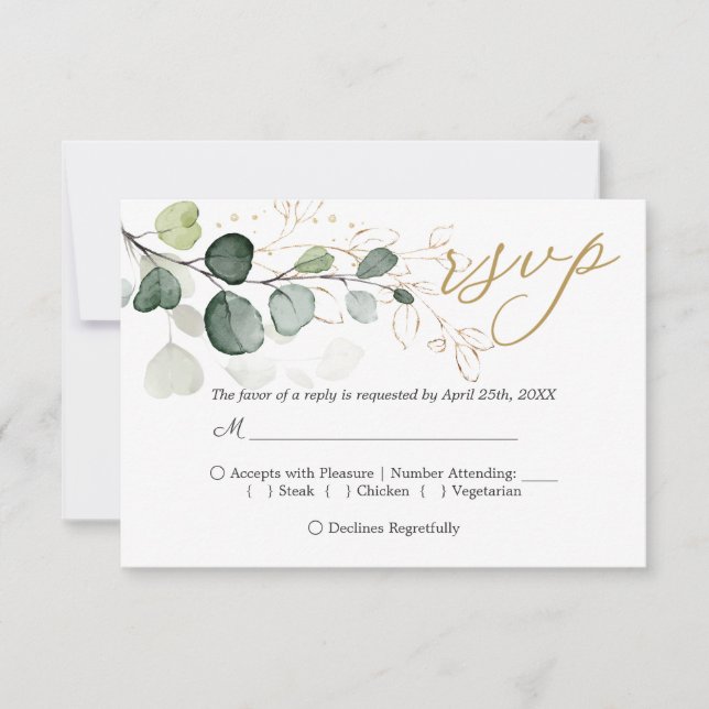 Eucalyptus Foliage Dourada deixa cartão RSVP de Ca (Frente)