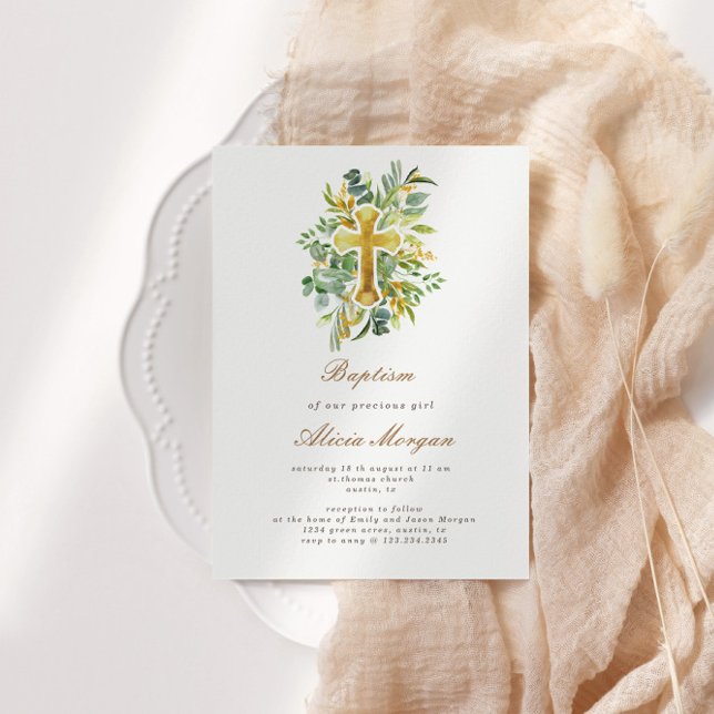 Eucalyptus Foliage Dourado Cross Baptism Convite (Criador carregado)
