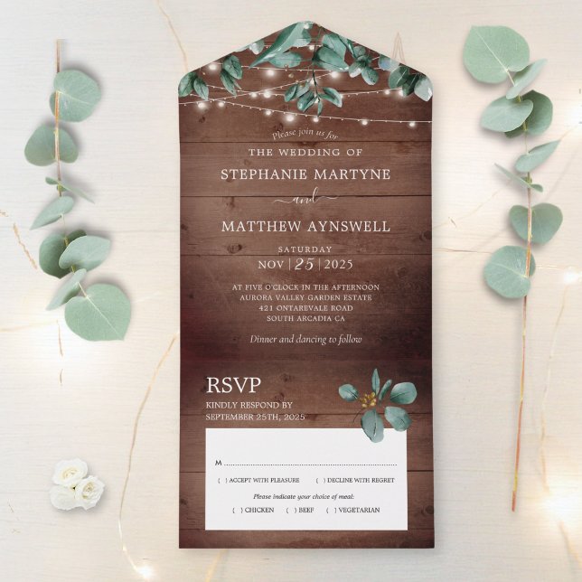 Eucalyptus Foliage Rustic Lights Wood Casamento (Criador carregado)