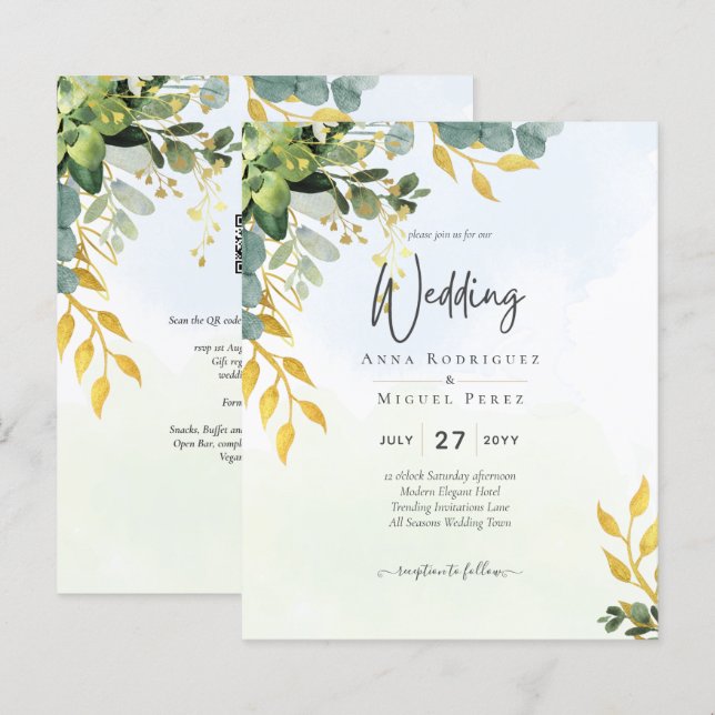 Eucalyptus Green Dourado Convite de casamento Gree (Frente/Verso)