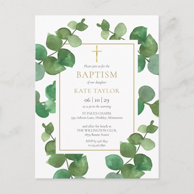 Eucalyptus Greenery Baptism Christening Convite (Frente)