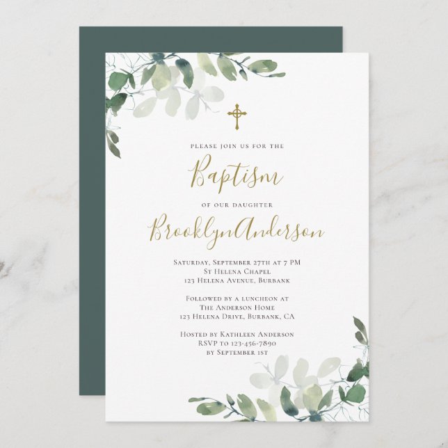 Eucalyptus Greenery Baptism Convite (Frente/Verso)