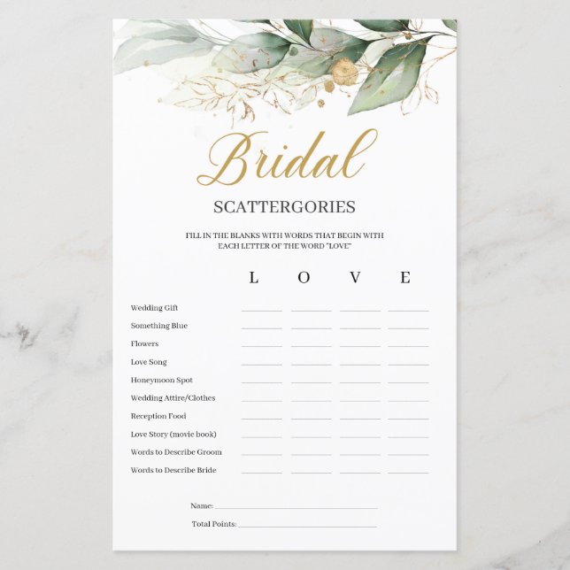 Eucalyptus greenery Bridal Scattergories game (Frente)