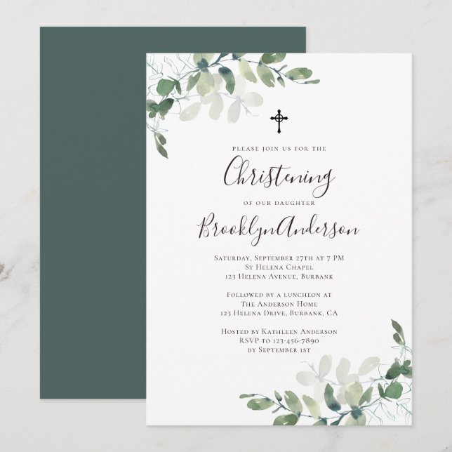 Eucalyptus Greenery Christening Convite Russo (Frente/Verso)