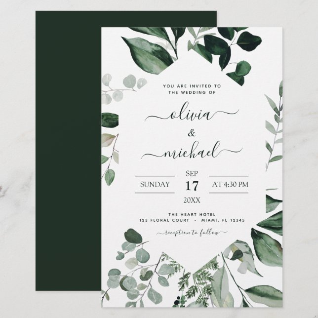 Eucalyptus Greenery Convites para Casamento (Frente/Verso)