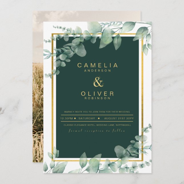 Eucalyptus Greenery Dourado CONVITE DE CASAMENTO F (Frente/Verso)