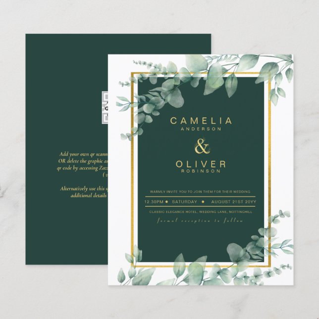 Eucalyptus Greenery Dourado Emerald Casamento QR C (Frente/Verso)