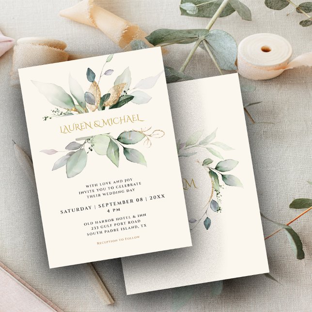 Eucalyptus Greenery e Dourado Convite para Casamen (Criador carregado)