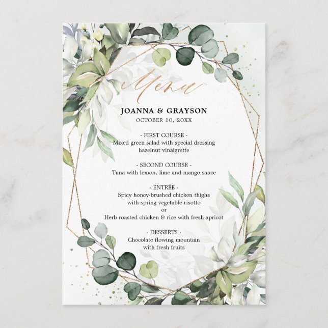 Eucalyptus Greenery moderno menu de casamento geom (Frente)