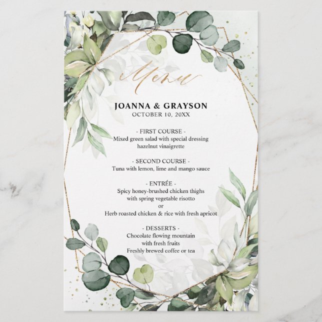 Eucalyptus Greenery moderno menu de casamento geom (Frente)