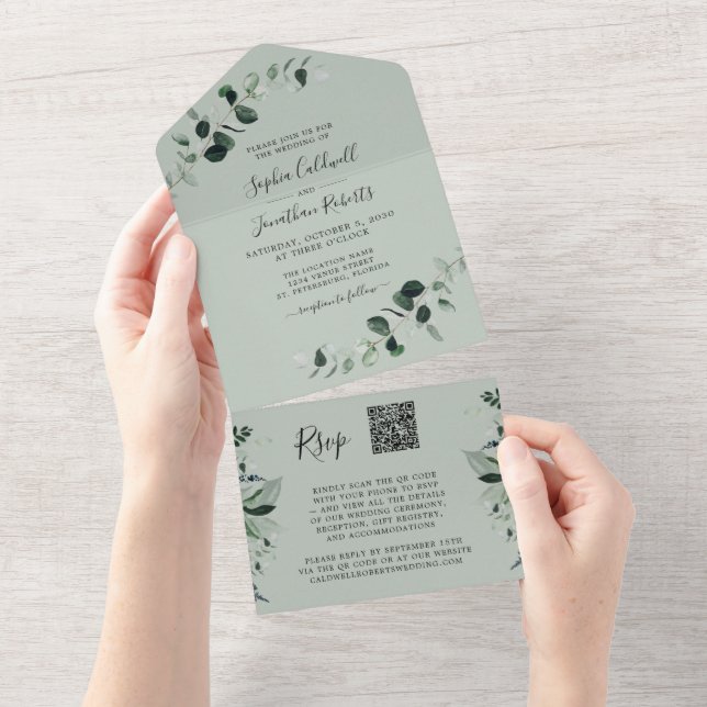 Eucalyptus Greenery QR Code RSVP Sage Wedding (Aba destacável)
