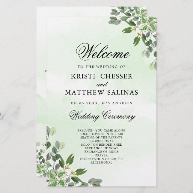 Eucalyptus Greenery Suculent Wedding Programs (Frente/Verso)
